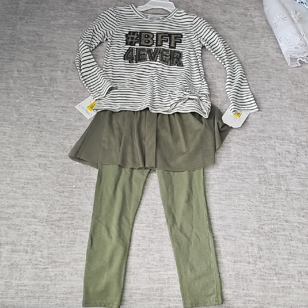 Flapdoodles Striped Top and Olive Green Leggings Set